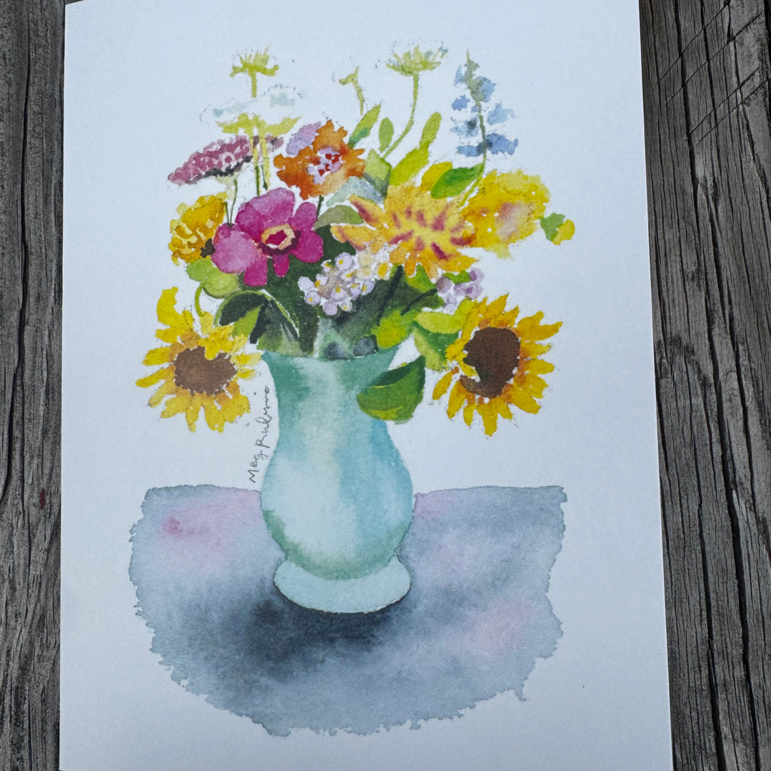 Card with flowers in vase. 
