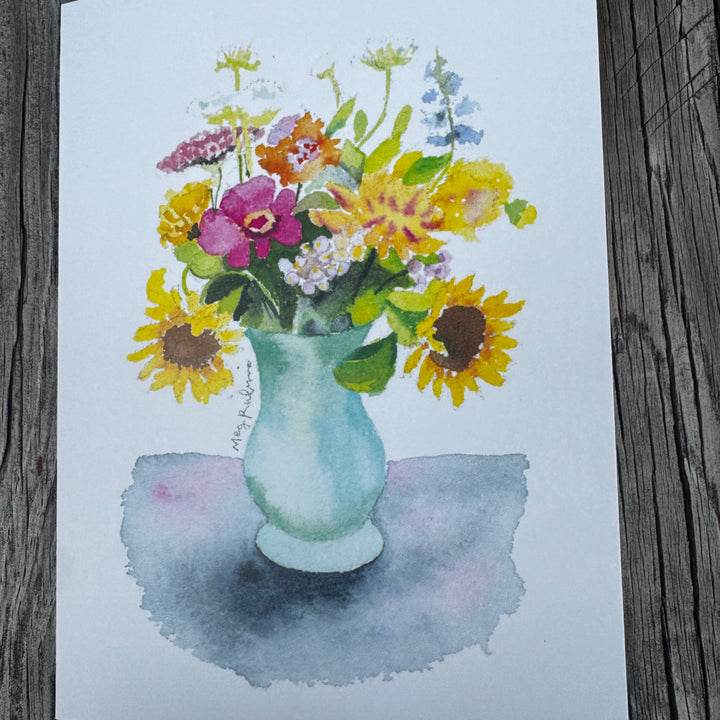 Card with flowers in vase. 